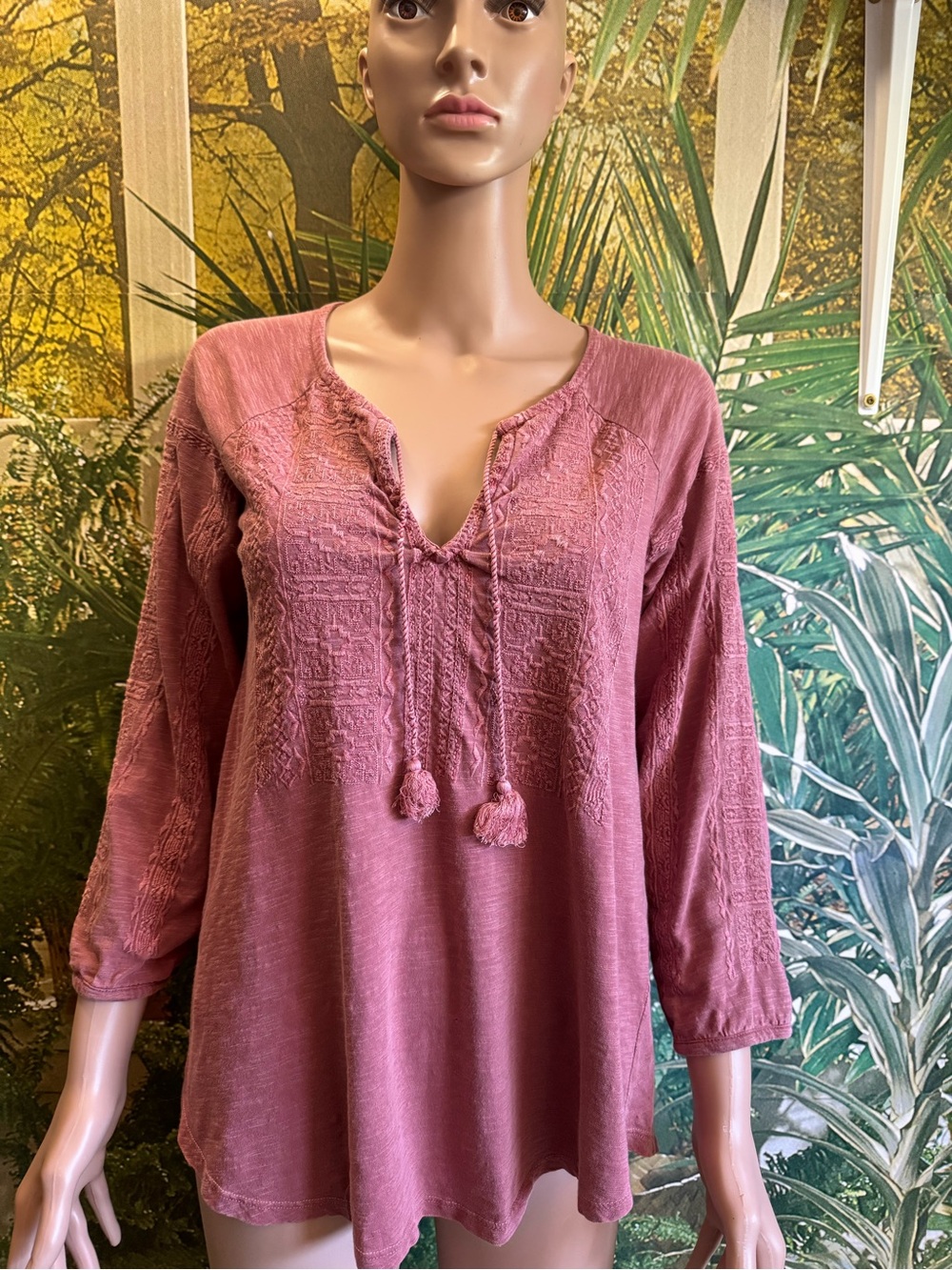 Lucky Brand Small Mauve Embroidered Tassel 100% Cotton Blouse